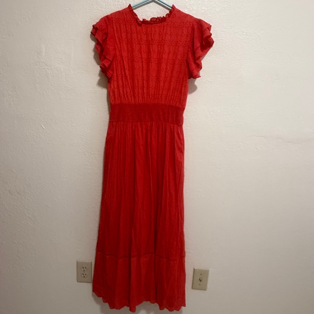 Solitaire CORAL Eyelet Smocked Maxi Dress Flutter Sleeve Boho Womens Large - Picture 8 of 15